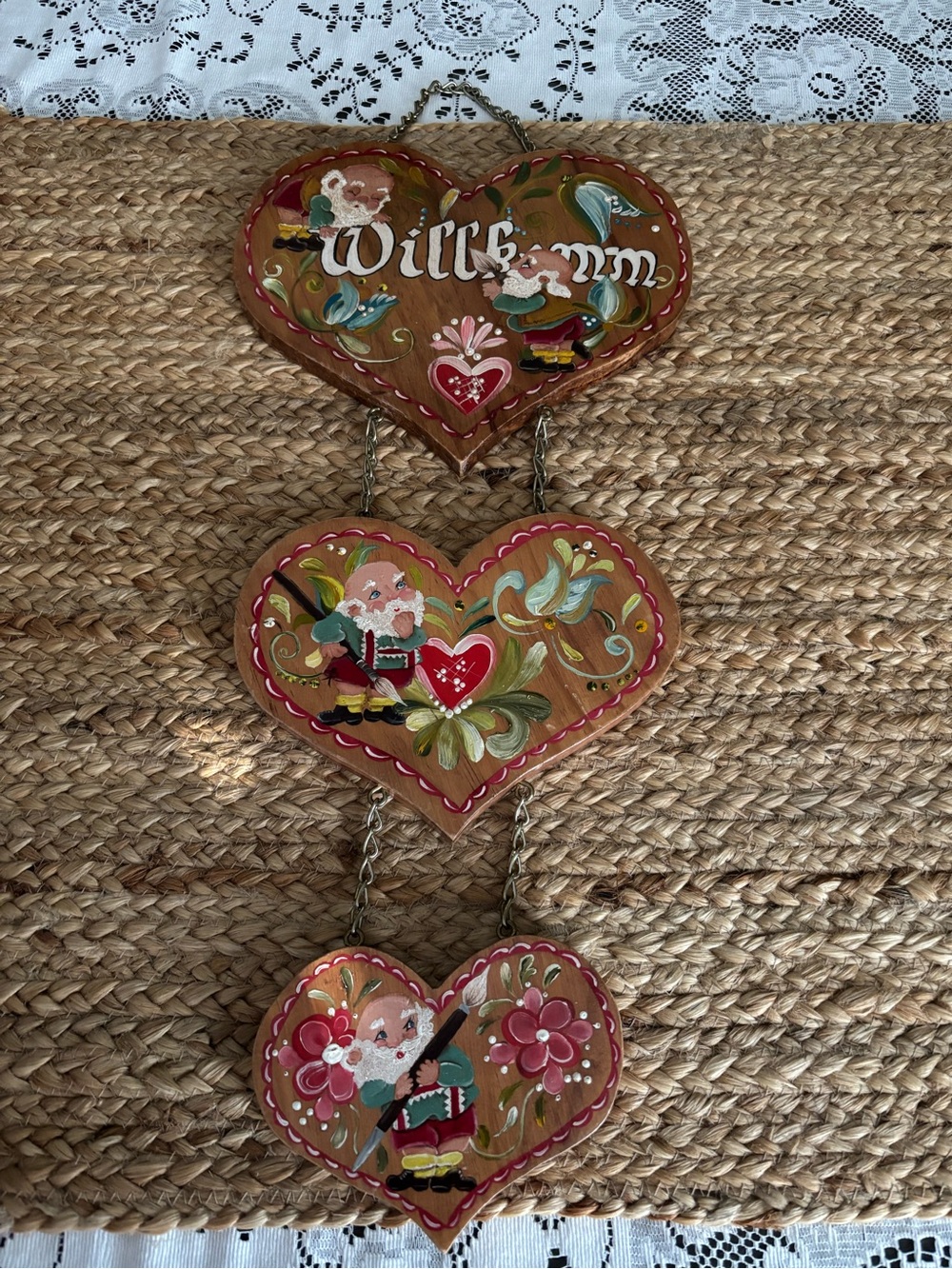 Vintage hand painted gnome welcome heart sign wall hanging